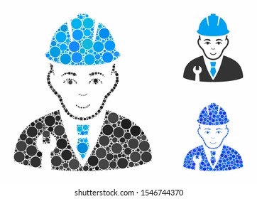 Developer mosaic of round dots in various sizes and color tints, based on developer icon. Vector round elements are combined into blue mosaic. Dotted developer icon in usual and blue versions.