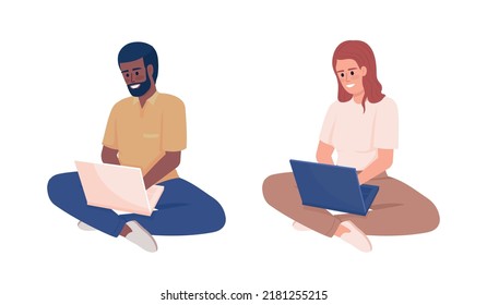 Developer occupation semi flat color vector character set. Editable figure. Full body people on white. Working online simple cartoon style illustration for web graphic design and animation collection