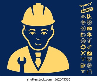 Developer pictograph with bonus airdrone tools icon set. Vector illustration style is flat iconic yellow symbols on blue background.