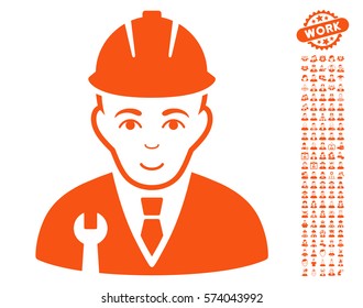 Developer pictograph with bonus avatar design elements. Vector illustration style is flat iconic orange symbols on white background.