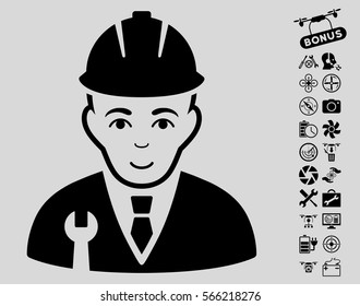 Developer pictograph with bonus copter tools design elements. Vector illustration style is flat iconic black symbols on light gray background.