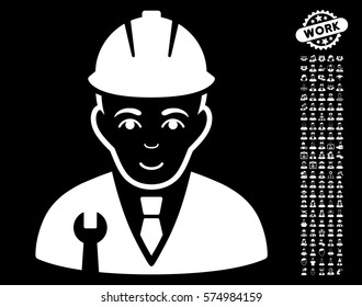 Developer pictograph with bonus human clip art. Vector illustration style is flat iconic white symbols on black background.