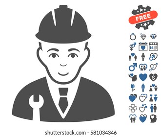 Developer pictograph with bonus marriage graphic icons. Vector illustration style is flat iconic cobalt and gray symbols on white background.