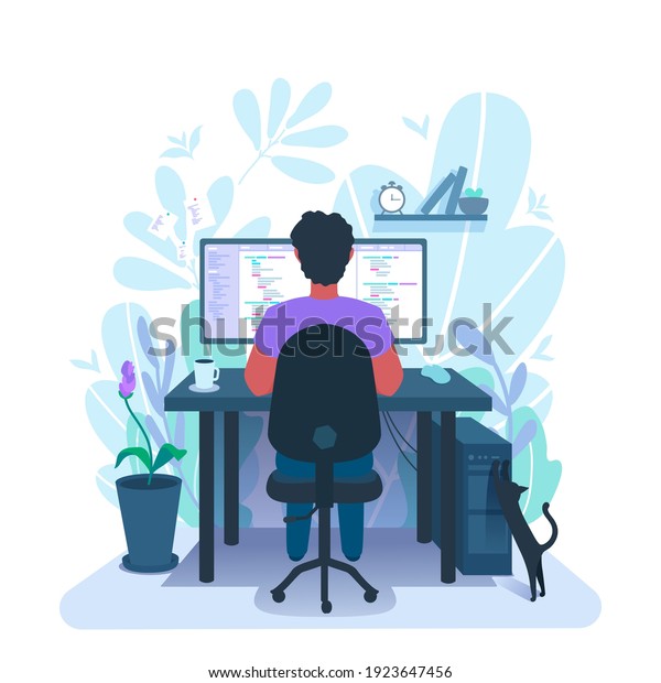 A developer programming. A
programmer freelancer workplace. The coder at remote work from
home. Person coding, writing a computer code. A vector cartoon
illustration.