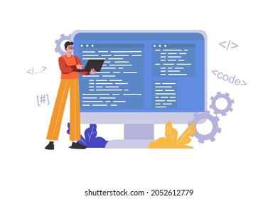 Developer programming and writing code using laptop. Programmer works, optimizes and tests program, people scene isolated. Software development concept. Vector illustration in flat minimal design