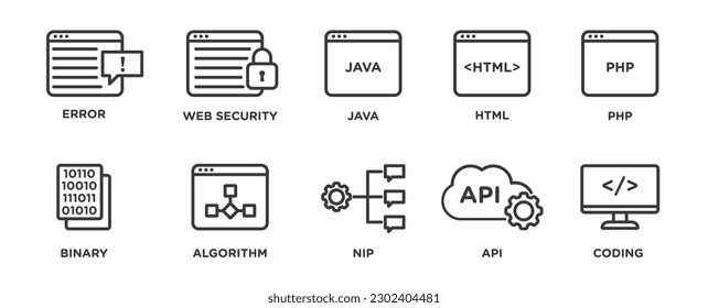 Developer related icon set. error, web security, java, HTML, PHP, binary, algorithm, nip, API and coding, outlined vector icon collection