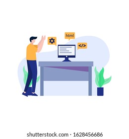 The developer resets, designs, discusses and makes Android applications vector illustration, suitable for landing page, ui, website, mobile app, editorial, poster, flyer, article, and banner