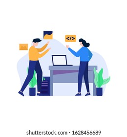 The developer resets, designs, discusses and makes Android applications vector illustration, suitable for landing page, ui, website, mobile app, editorial, poster, flyer, article, and banner
