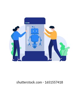 The developer resets, designs, discusses and makes Android applications vector illustration, suitable for landing page, ui, website, mobile app, editorial, poster, flyer, article, and banner