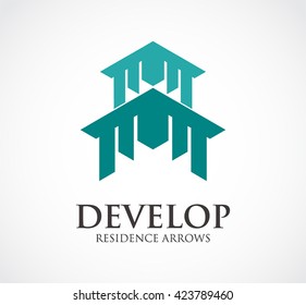 Developer residence of roof arrows abstract vector and logo design or template construction business icon of company identity symbol concept