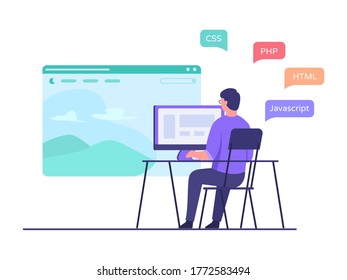 an developer sit in chair working on computer create website application using programming language with flat cartoon style.