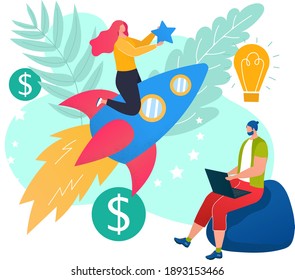 Inicio del desarrollador, lanzamiento del cohete de sentador de personajes femeninos, aplicación de trabajo programador ilustración vectorial plana, aislado en blanco. El éxito de negocios de la industria moderna, concepto de idea de bulbo creativo.