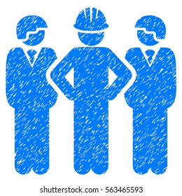Developer Team grainy textured icon for overlay watermark stamps. Flat symbol with scratched texture. Dotted vector blue ink rubber seal stamp with grunge design on a white background.