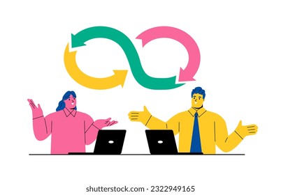 Developer team on a daily meeting. Devops software development methodology concept. Flat vector illustration isolated on white background
