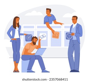Developer team working on the progect on a virtual screen. Software and business engineering vector concept.