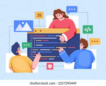 Developer Team Working A Project Together.
Programmer Coding Project Collaboration.
Writing Code Together To Create a Software application or Website.
Can use for web, landing page, infographic, etc