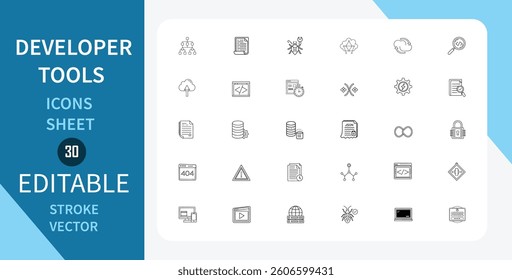 Developer Tools icons set. Coding, Databases, Cloud computing, Security, and debugging symbols. Outline vector icon in linear style. Editable stroke. Vector illustration.