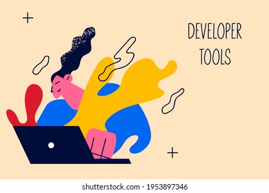 Developer tools, technology, internet marketing concept. Young woman worker cartoon character sitting ay laptop creating development programs for marketing management in office vector illustration 