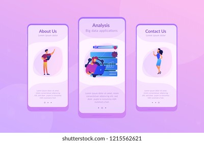 Developer using big data applications and tablet. Data processing software, database management and analysis, information privacy concept, violet palette. UI UX GUI app interface template.