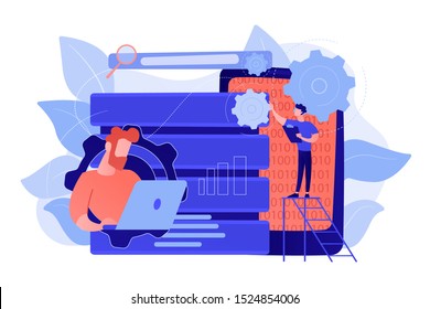 Developer using big data applications and tablet. Data processing software, database management and analysis, information privacy concept, violet palette. Vector isolated illustration.