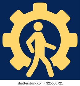 Developer vector icon. Style is flat symbol, yellow color, rounded angles, blue background.