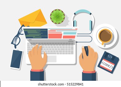 Developer web concept. Programmer write code for laptop. Software coding, programming languages, testing, debugging, web site. Search engine. Desktop designer. Vector illustration flat design.