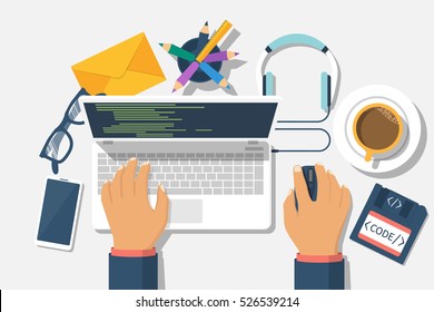 Conceito web do desenvolvedor. Programador escrever código para laptop. Codificação de software, linguagens de programação, testes, depuração, web site. Motor de busca. Designer de desktop. Design plano de ilustração vetorial.