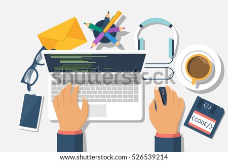 Developer web concept. Programmer write code for laptop. Software coding, programming languages, testing, debugging, web site. Search engine. Desktop designer. Vector illustration flat design.