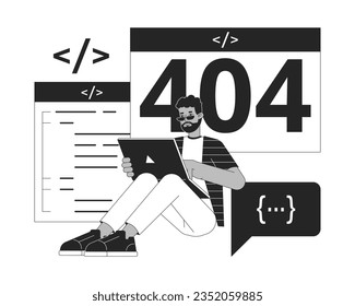 Developer website create black white error 404 flash message. African american programmer working. Monochrome empty state ui design. Page not found cartoon image. Vector flat illustration concept