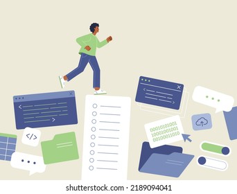 Developer workflow concept. Programmer runs and jumps on windows of working professional interface. Hard work of an IT expert. Vector illustration in flat design. 