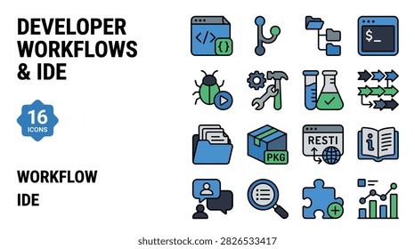 Developer Workflows and IDE Icons Set with Workflow and Code Elements