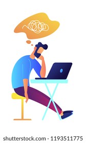 Developer working with laptop at desk and thinking vector illustration. Freelancer and developer, programmer and designer, IT specialist and gamer concept. Isolated on white background.