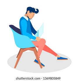 Developer Working with Laptop Vector Illustration. Young Man, Freelancer, Student in Casual Clothing Cartoon Character. Freelance, Remote Employee Sitting in Armchair. Social Media Leisure