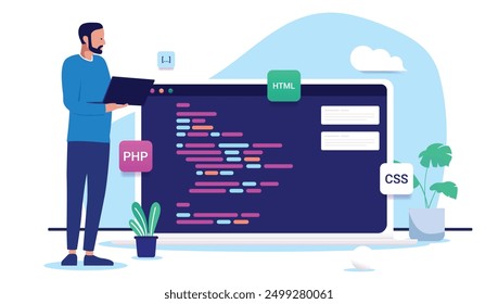 Developer working on computer writing code and programming standing besides big screen with abstract language. Flat design vector illustration with white background