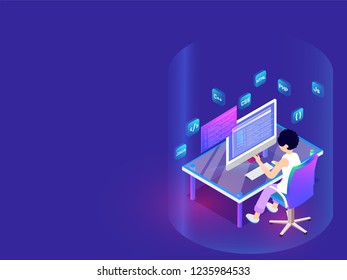 Developer working on desktop, different programing languages signs on shiny blue background for Software programming concept based isometric design.