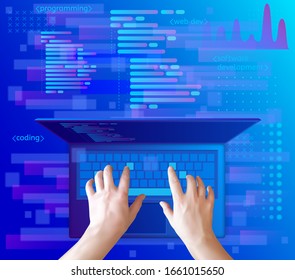 Developer working on keyboard of laptop. Programming and coding, website development. Vector illustration concept.