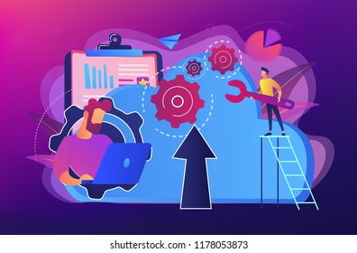 Developer working on laptop with cloud data. Computing applications, developing cloud system, cloud resourses solving business problems concept, violet palette. Vector isolated illustration.