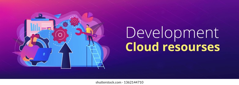 Developer working on laptop with cloud data. Computing applications, developing cloud system, cloud resourses solving business problems concept, violet palette. Header or footer banner template.