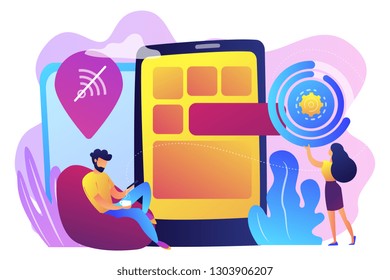 Developer Working On Web App On Smartphone, User Offline, Tiny People. Progressive Web App, Working Offline Web, PWA Application Development Concept. Bright Vibrant Violet Vector Isolated Illustration