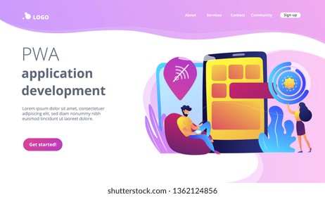 Developer working on web app on smartphone, user offline, tiny people. Progressive web app, working offline web, PWA application development concept. Website vibrant violet landing web page template.