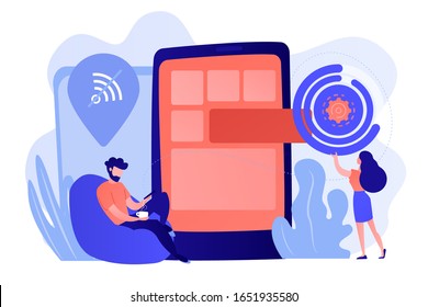 Developer working on web app on smartphone, user offline, tiny people. Progressive web app, working offline web, PWA application development concept. Pinkish coral bluevector isolated illustration