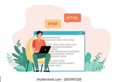 Developer writing code for website. Laptop, computer, designer flat vector illustration. Coding and programming concept for banner, website design or landing web page