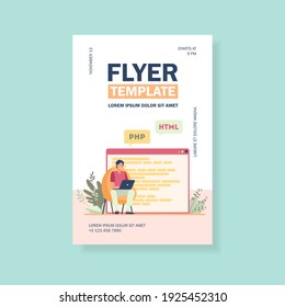 Developer writing code for website. Laptop, computer, designer flat vector illustration. Coding and programming concept for banner, website design or landing web page