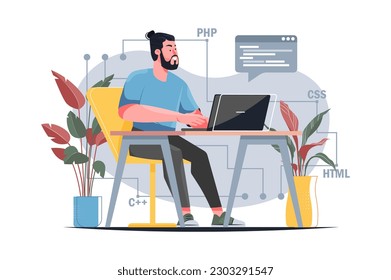 Developer yellow concept with people scene in the flat cartoon design. A developer writes code for new sites and applications. Vector illustration.