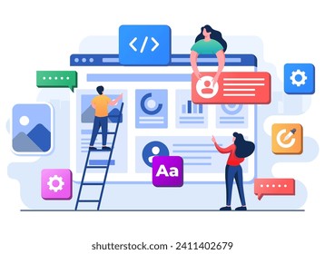 Developers building creating website User interface front view, Web design, UI UX, Software development, Web design, Application design, Coding, Web development flat illustration for landing page