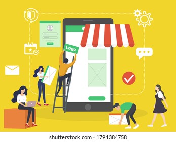 Developers building mobile apps and working together on a user interface, communication and technology concept