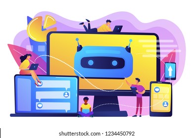 Developers building, testing and deploying chatbots on platforms. Chatbot platform, virtual assistant development, cross-platform chatbot concept. Bright vibrant violet vector isolated illustration