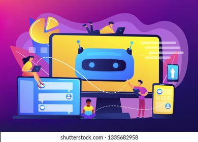 Developers building, testing and deploying chatbots on platforms. Chatbot platform, virtual assistant development, cross-platform chatbot concept. Bright vibrant violet vector isolated illustration