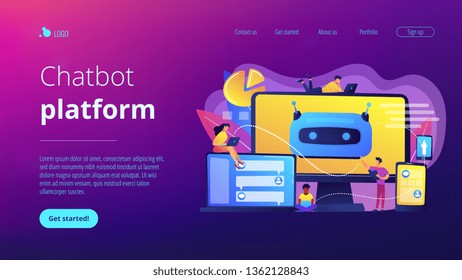 Developers building, testing and deploying chatbots on platforms. Chatbot platform, virtual assistant development, cross-platform chatbot concept. Website vibrant violet landing web page template.