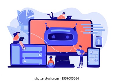 Developers building, testing and deploying chatbots on platforms. Chatbot platform, virtual assistant development, cross-platform chatbot concept. Pinkish coral bluevector isolated illustration